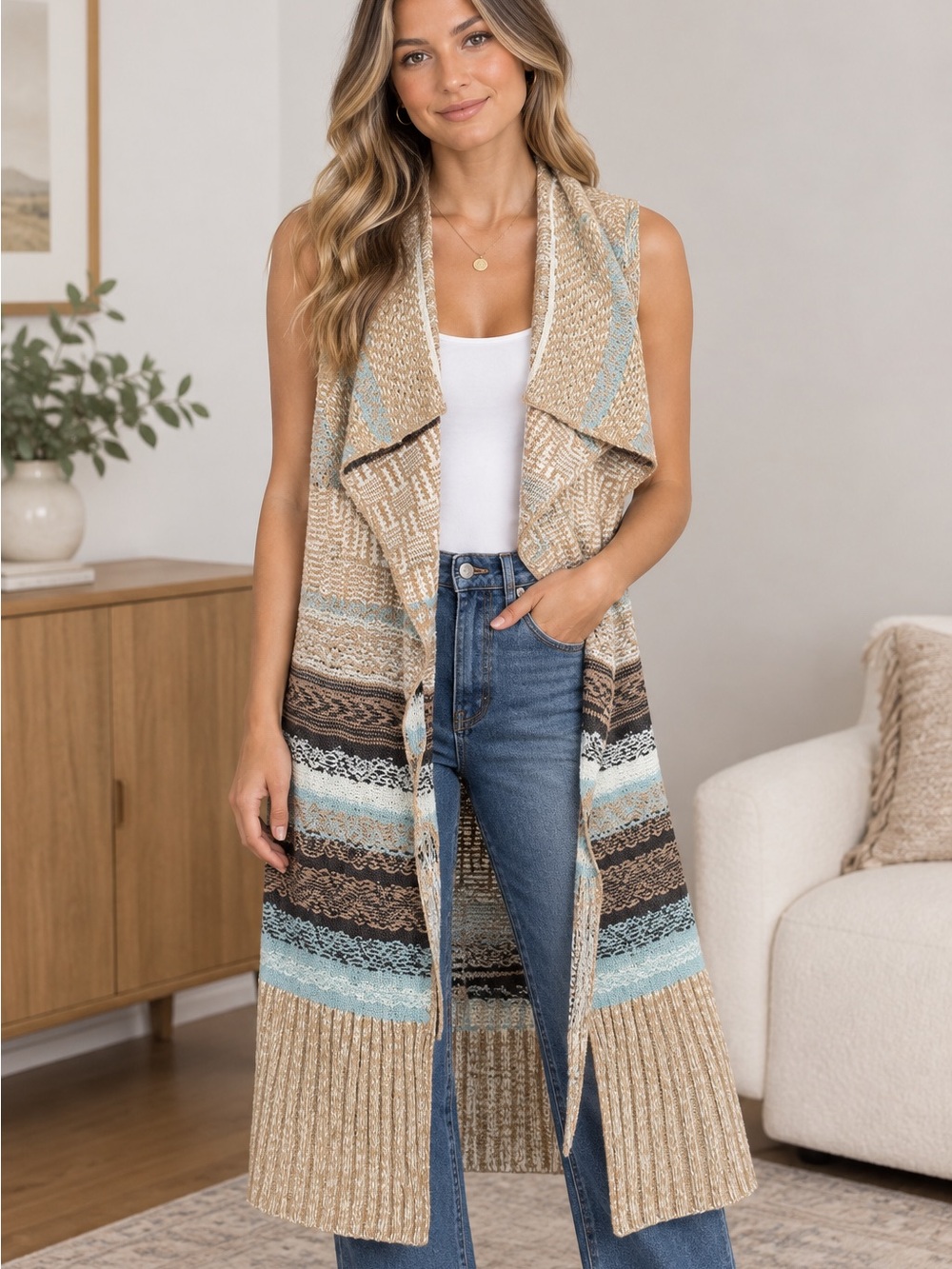 Anthropologie Sleeveless Open-Front Striped Knit Duster Vest - Beige Blue